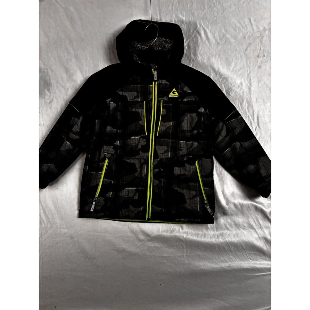 Gerry Boys Hooded Winter Jacket Size 7 Gray Camo Neon Green Coat Youth
